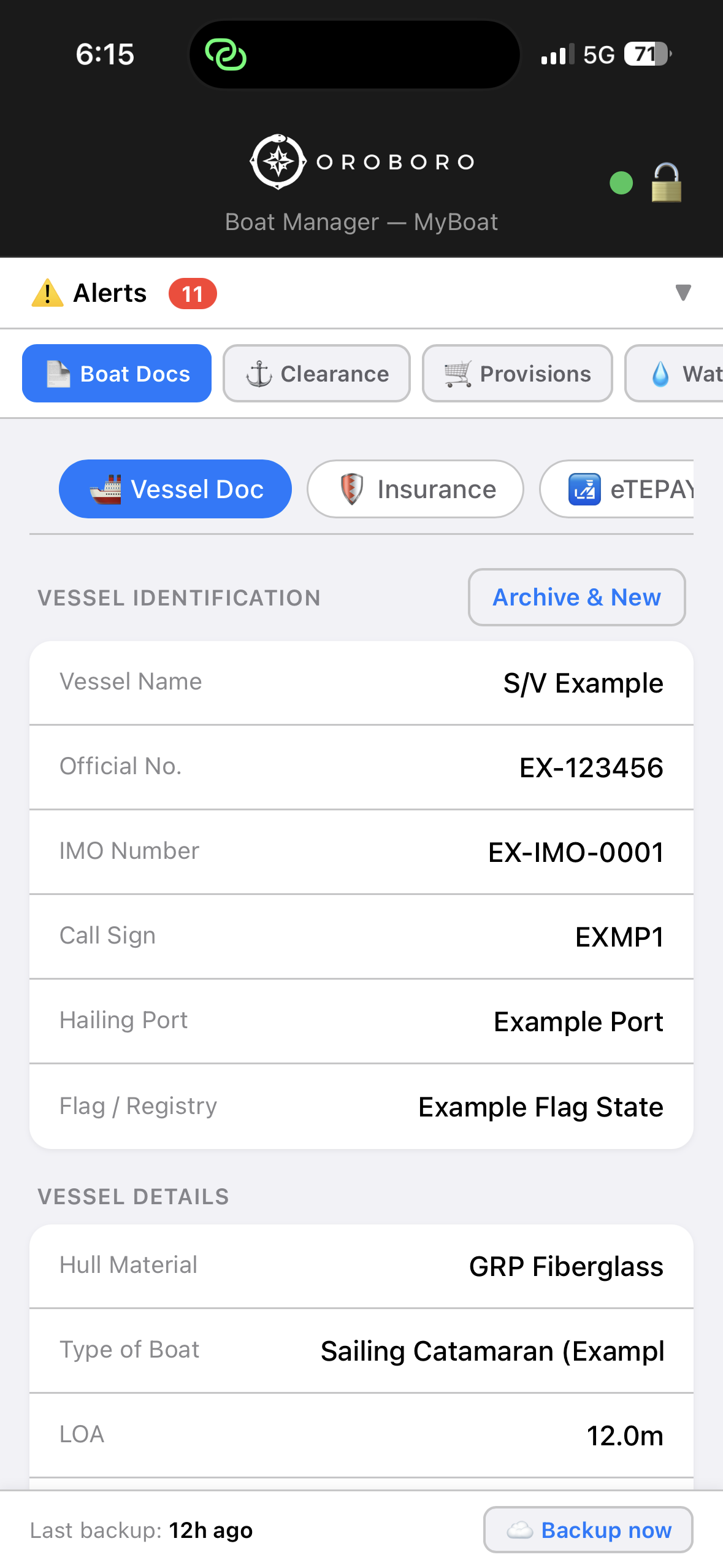Boat Docs tab showing vessel identification and documents