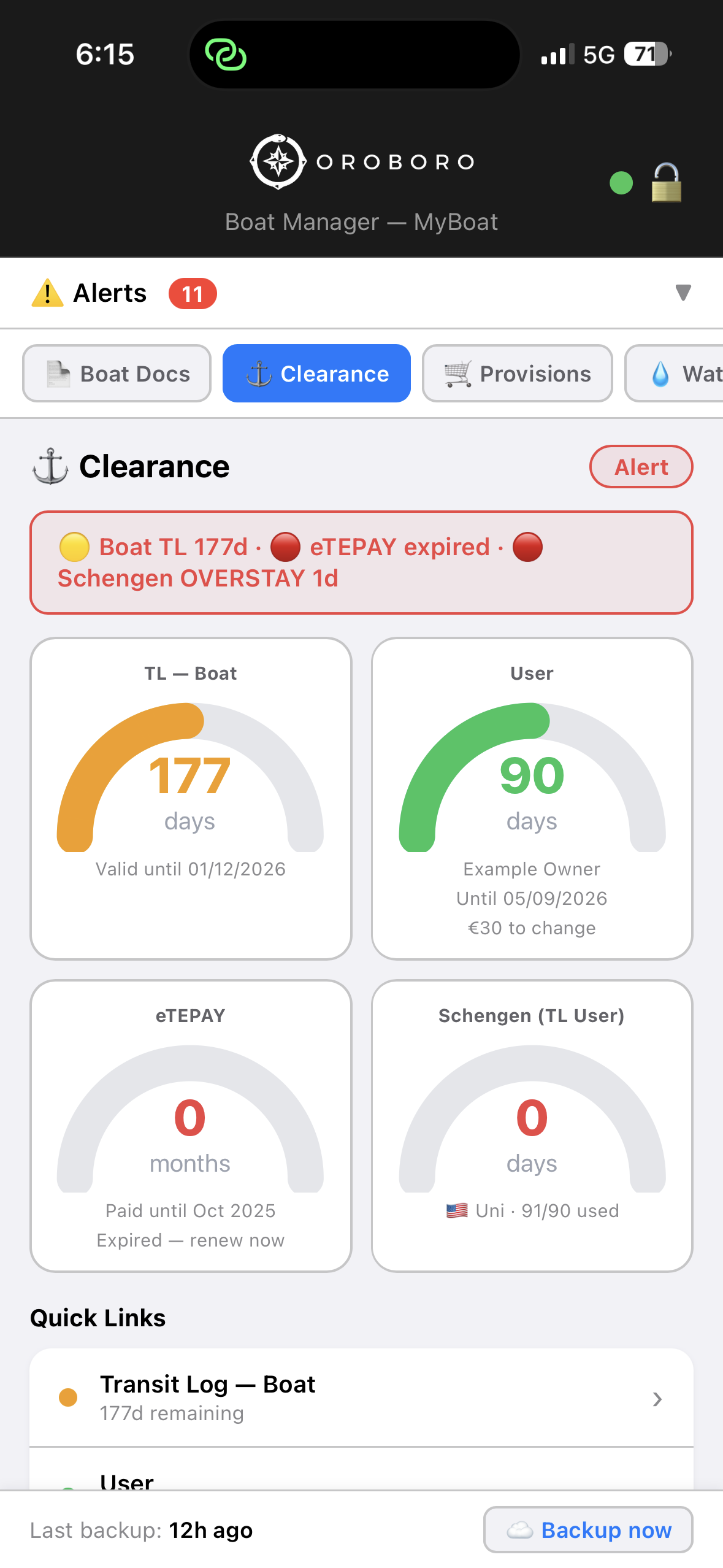 Clearance dashboard showing Transit Log, Schengen and eTEPAY status at a glance